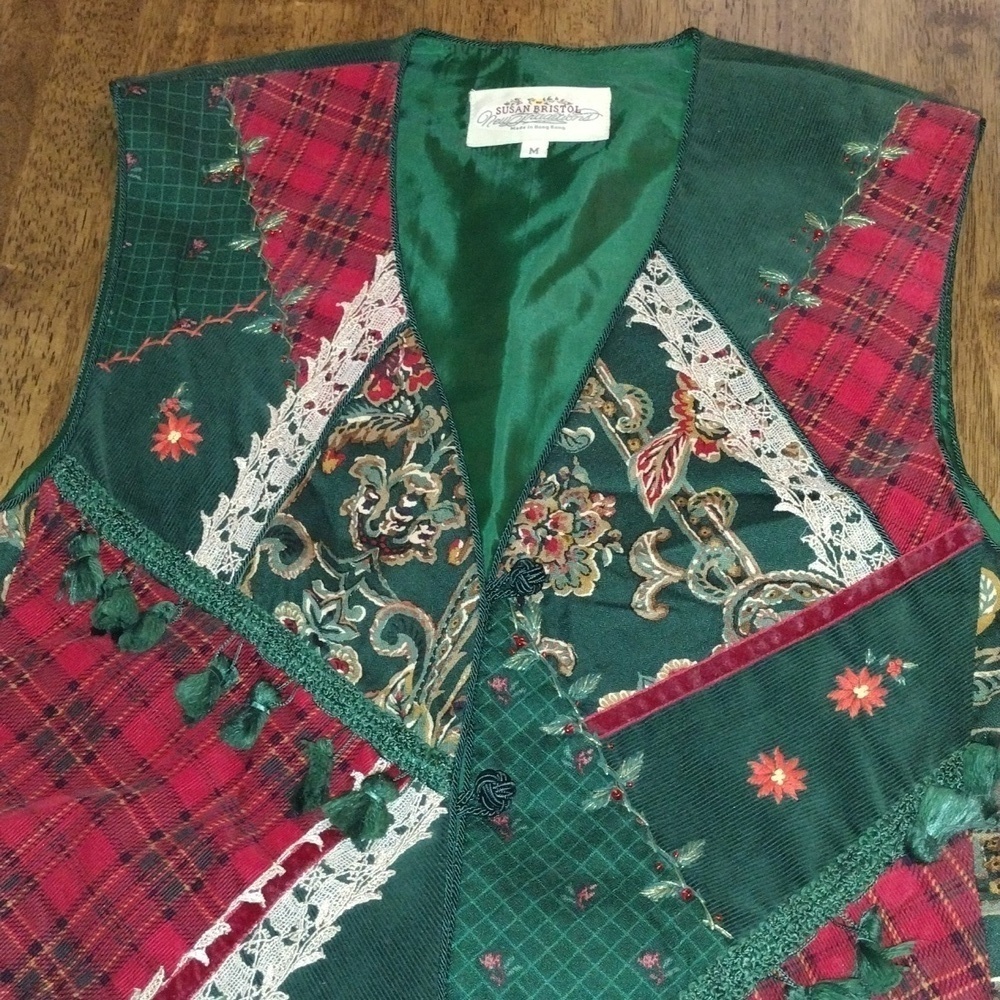 Vintage Lined Corduroy Plaid Embroidered Christmas Vest Patchwork M - Picture 2 of 6